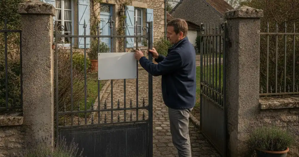 Prêt relais : acheter avant d'avoir vendu en 2026 2 Courtier Assurances et Financements Rennes Prêt relais : propriétaire retirant le panneau à vendre du portail de sa maison