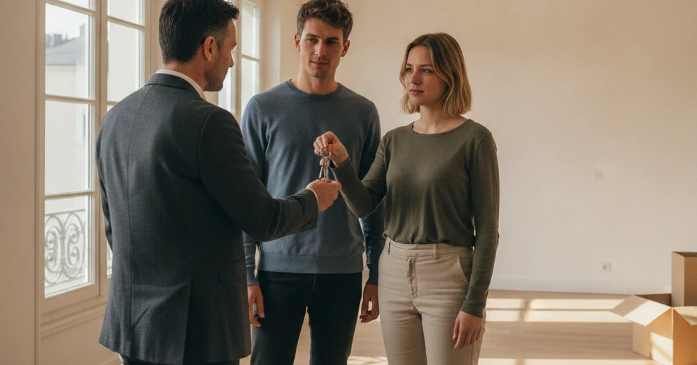 Prêt à taux zéro (PTZ) 2026 : conditions, montant et démarches 1 Courtier Assurances et Financements Rennes Prêt à taux zéro 2026 : jeune couple recevant les clés d’un appartement neuf