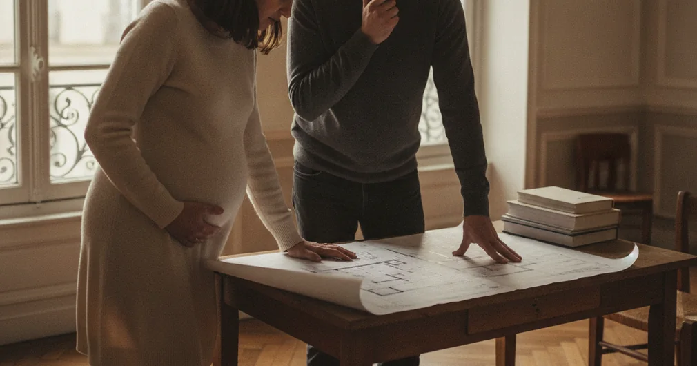 Prêt à taux zéro (PTZ) 2026 : conditions, montant et démarches 2 Courtier Assurances et Financements Rennes Prêt à taux zéro 2026 : futurs parents examinant le plan de leur futur appartement