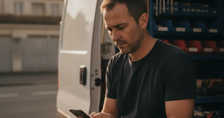 Prévoyance auto-entrepreneur : ce que la CPAM verse et ce qu'il faut combler 1 Courtier Assurances et Financements Rennes Prévoyance auto-entrepreneur : un artisan plombier micro-entrepreneur assis à l'arrière de sa camionnette consulte son téléphone
