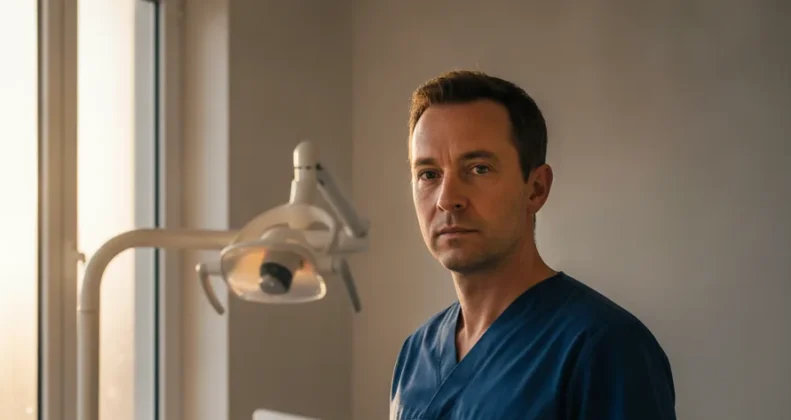Chirurgien-dentiste dans son cabinet, à côté du fauteuil de soins