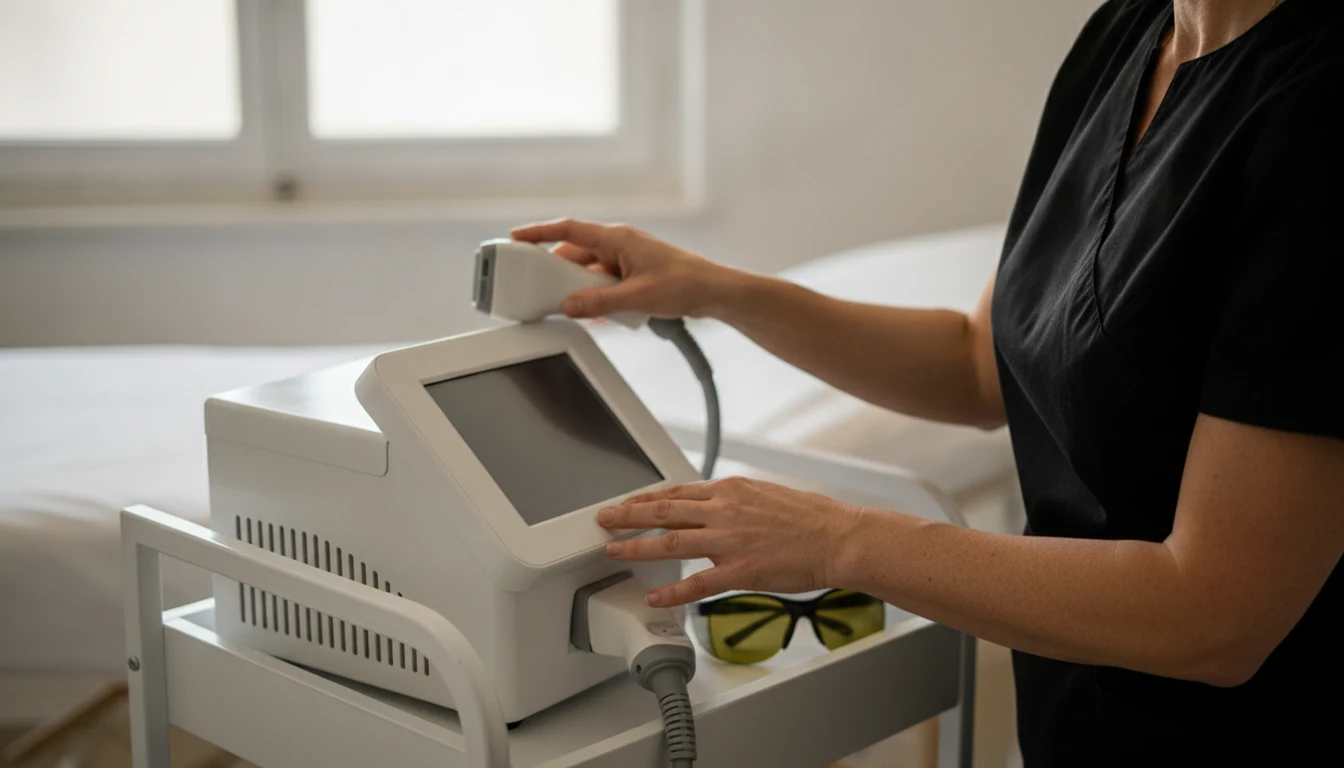 RC Pro épilation lumière pulsée et laser : comment être assuré en institut en 2026 1 Courtier Assurances et Financements Rennes RC Pro épilation lumière pulsée : esthéticienne réglant un appareil IPL professionnel en cabine, lunettes de protection posées sur le chariot