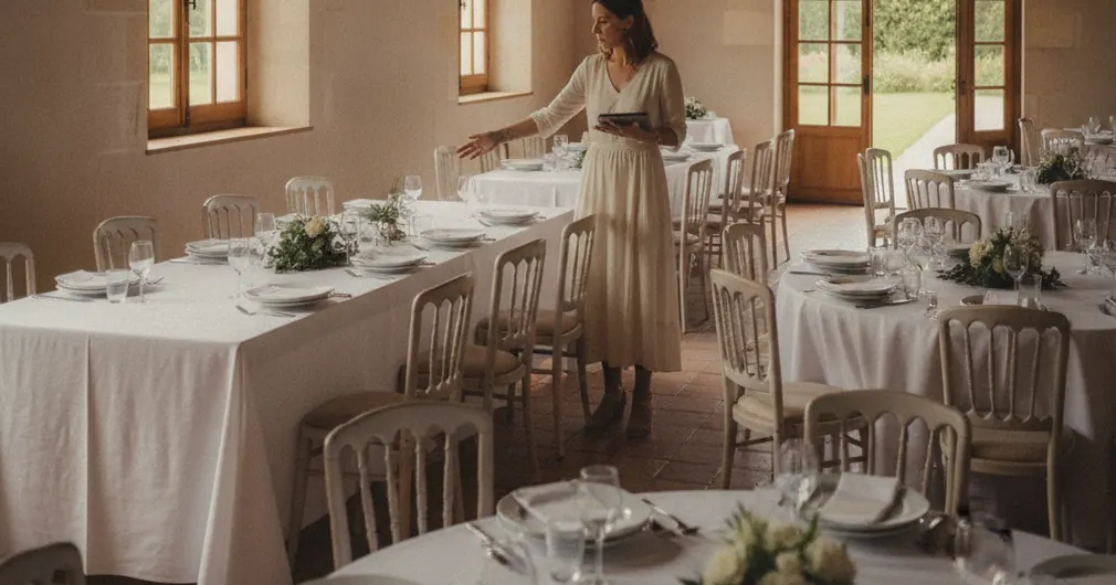 Wedding planner : sécuriser chaque mariage avec la bonne RC Pro 1 Courtier Assurances et Financements Rennes RC Pro wedding planner : organisatrice de mariage vérifiant la disposition des tables