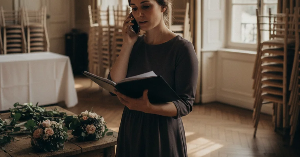 Wedding planner : sécuriser chaque mariage avec la bonne RC Pro 4 Courtier Assurances et Financements Rennes RC Pro wedding planner : wedding planner consultant son planning dans une salle en préparation