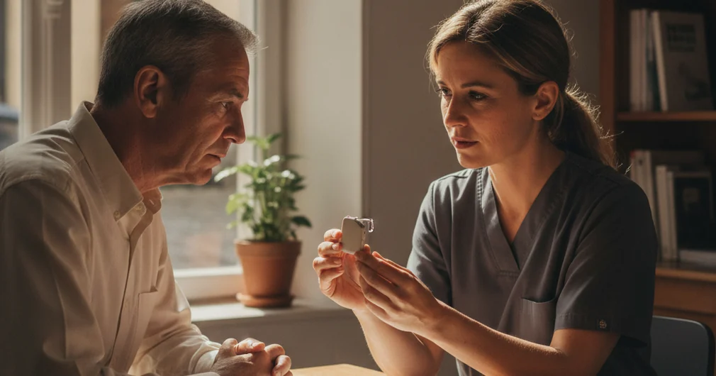 Surcomplémentaire santé : quand vaut-elle vraiment le coup ? 1 Courtier Assurances et Financements Rennes Surcomplémentaire santé : audioprothésiste présentant un appareil auditif à un patient