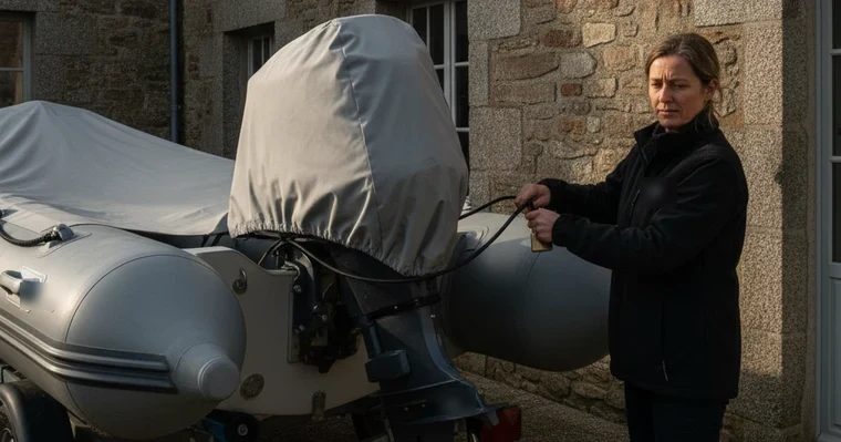 Assurance bateau de plaisance : obligation, garanties et prix en 2026 1 Courtier Assurances et Financements Rennes Assurance bateau : plaisancière qui pose un antivol sur le moteur hors-bord d'un semi-rigide sur remorque