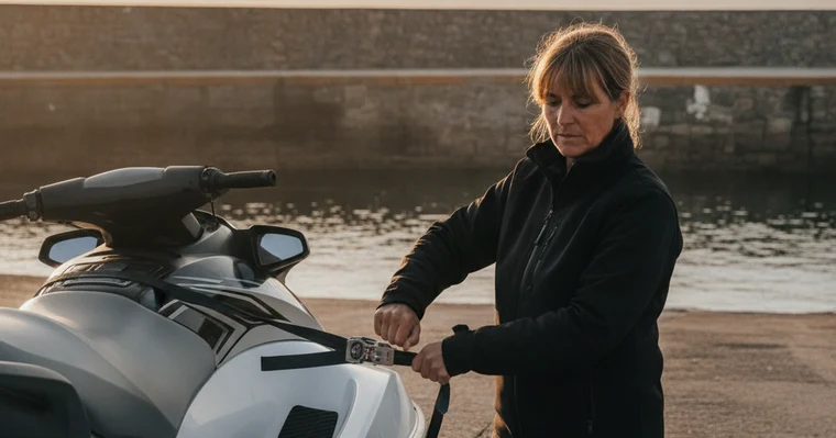 Assurance jet-ski : permis, garanties et prix en 2026 1 Courtier Assurances et Financements Rennes Assurance jet-ski : propriétaire qui sangle son jet-ski sur une remorque à la cale de mise à l'eau
