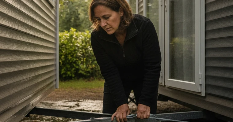 Assurance mobil-home : obligation, garanties et prix en 2026 2 Courtier Assurances et Financements Rennes Assurance mobil-home : propriétaire qui vérifie une sangle d'ancrage dans un camping breton