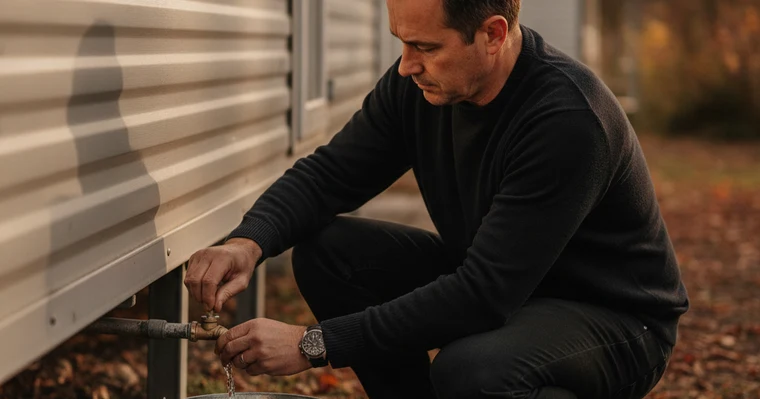 Assurance mobil-home : obligation, garanties et prix en 2026 1 Courtier Assurances et Financements Rennes Assurance mobil-home : propriétaire qui vidange les canalisations de son mobil-home avant l'hiver