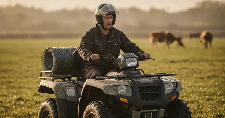 Assurance quad : obligations, garanties et prix en 2026 2 Courtier Assurances et Financements Rennes Assurance quad agricole : éleveur qui transporte un rouleau de clôture en quad dans une prairie d'Ille-et-Vilaine