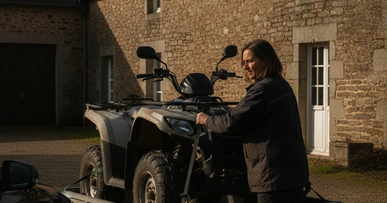 Assurance quad : obligations, garanties et prix en 2026 1 Courtier Assurances et Financements Rennes Assurance quad : propriétaire qui sangle son quad sur une remorque dans une cour de ferme bretonne