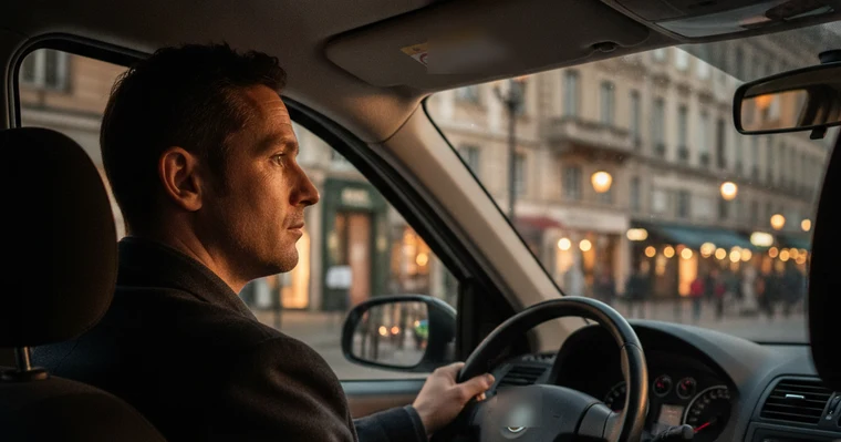 Assurance taxi : RC circulation, RC Pro et prix en 2026 2 Courtier Assurances et Financements Rennes Assurance taxi : chauffeur de taxi au volant dans une rue de centre-ville au crépuscule