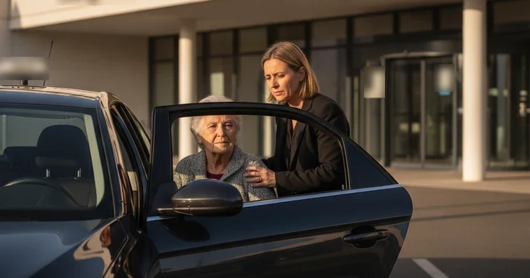 Assurance taxi : RC circulation, RC Pro et prix en 2026 1 Courtier Assurances et Financements Rennes Assurance taxi : chauffeuse de taxi qui aide une patiente âgée à monter devant un hôpital