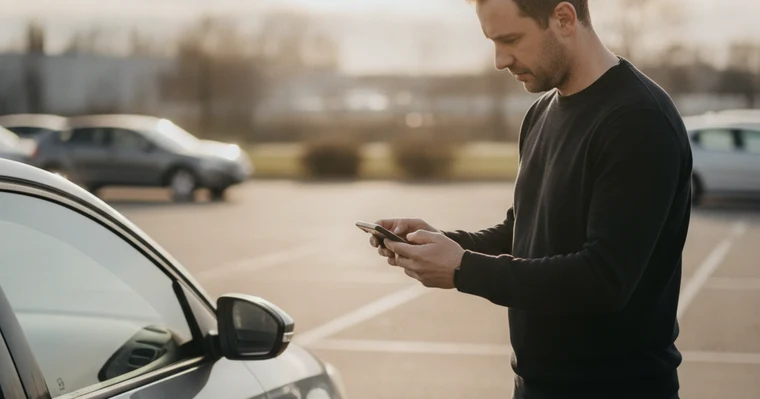 Assurance auto professionnelle : usage, garanties et prix en 2026 2 Courtier Assurances et Financements Rennes Assurance véhicule professionnel : commercial qui photographie une rayure sur sa voiture de société