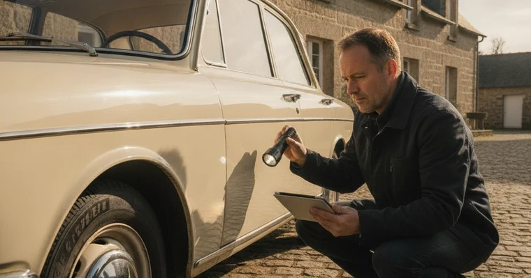 Assurance voiture de collection : garanties, prix et conditions en 2026 1 Courtier Assurances et Financements Rennes Assurance voiture de collection : expert qui examine le bas de caisse d'une voiture ancienne dans une cour bretonne