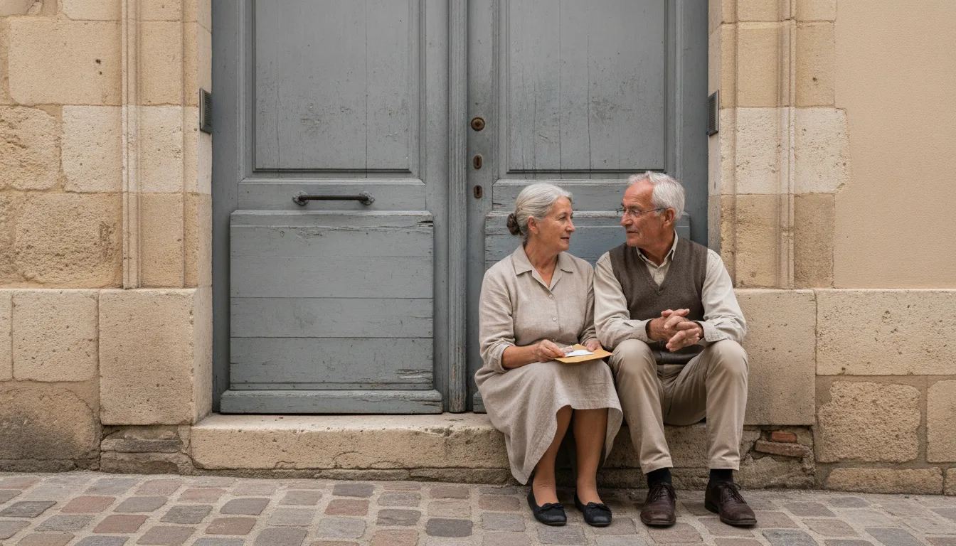 Baisse Retraite 2026 : l'impact réel des prélèvements sociaux 4 Courtier Assurances et Financements Rennes Couple de retraités assis sur le seuil de leur maison, courrier de la caisse de retraite en main